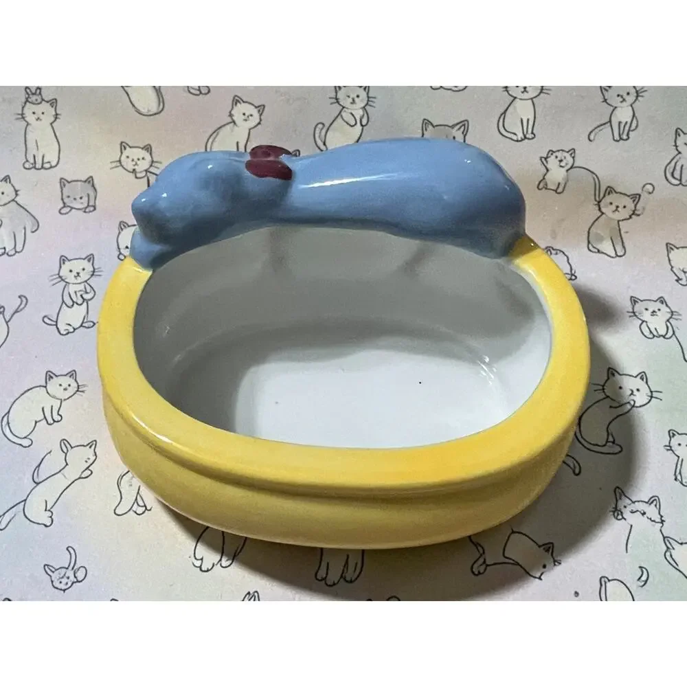 Vintage Sleeping Gray Black Cat Bow Ceramic Trinket Dish Planter Yellow Bowl